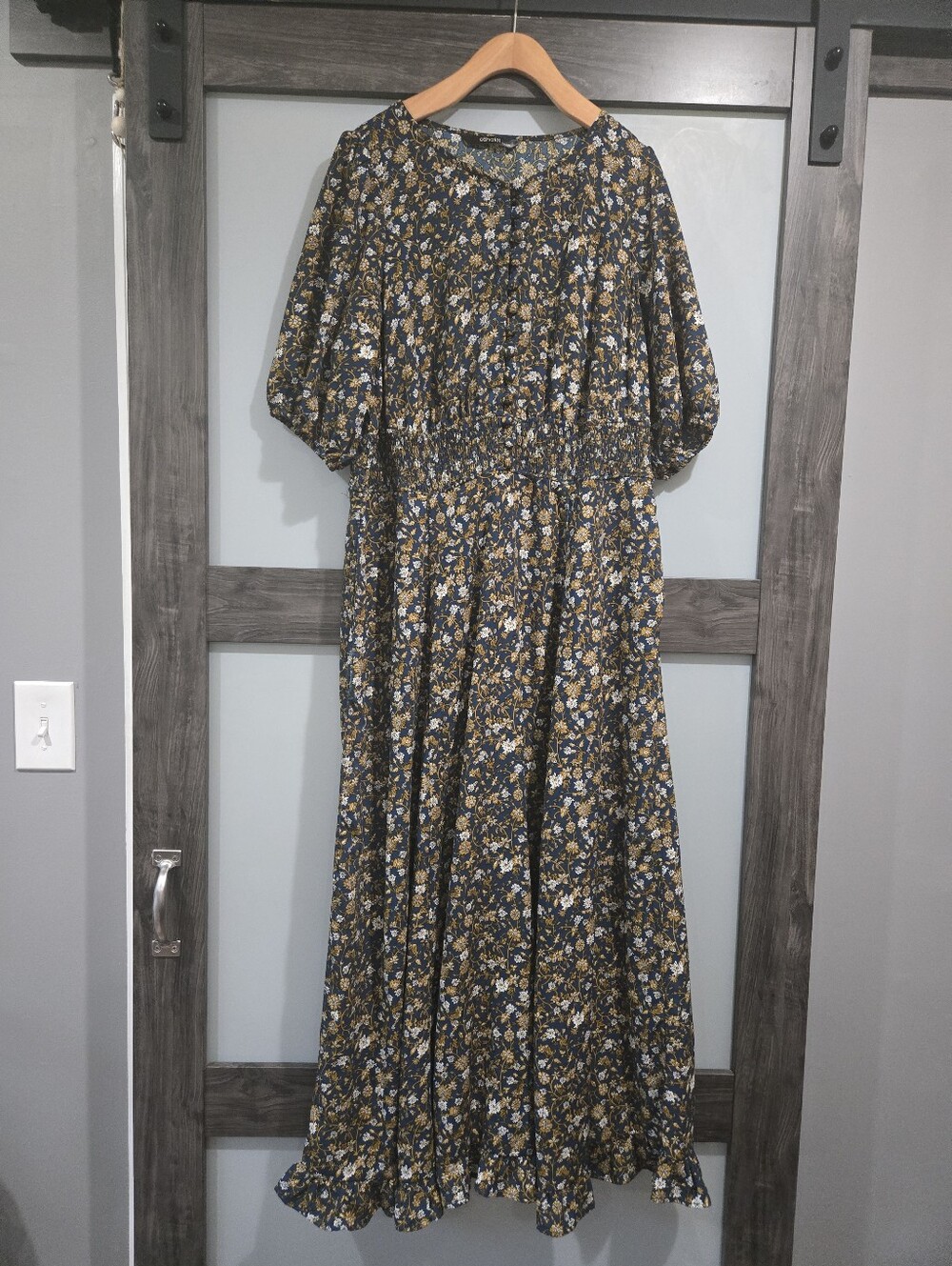 eShakti Turquoise & Golden Yellow Ditzy Floral Peasant Maxi Dress 1X 18W
